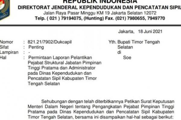 Mendagri Minta Bupati TTS Lapor Balik Pelantikan Kadisdukcapil