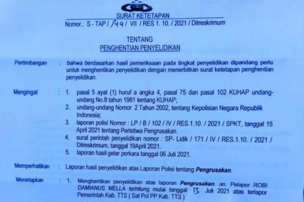 Polda NTT Hentikan Kasus Pengrusakan Rumah Robi Mella di TTS