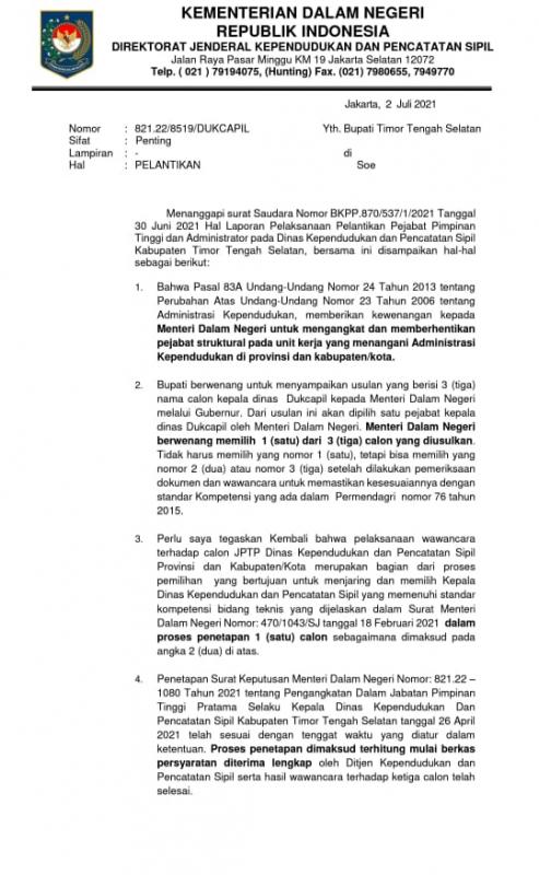 Buntut Tolak Lantik Kadisdukcapil, Kabupaten TTS Terancam Disanksi 