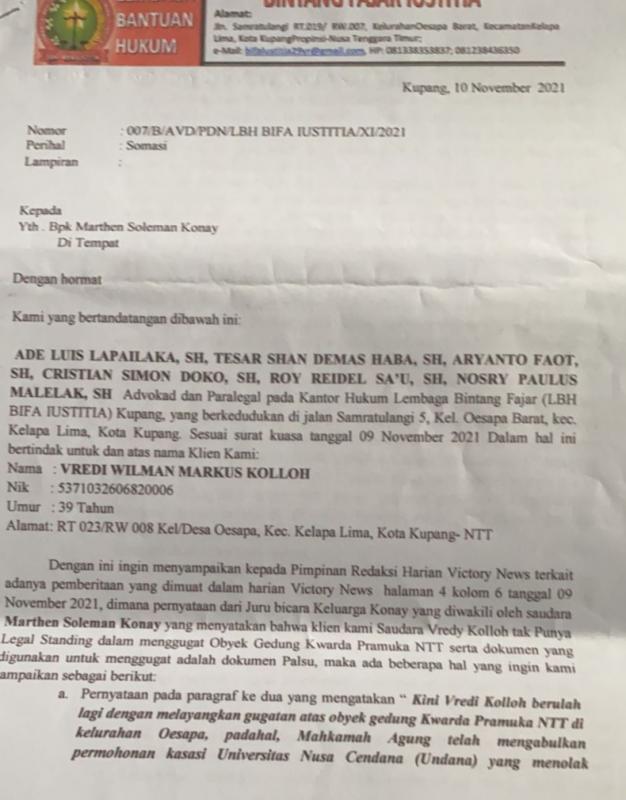  Vredik Koloh Cs Sebut Punya Legal Standing Gugat Gedung Pramuka Kwarda NTT