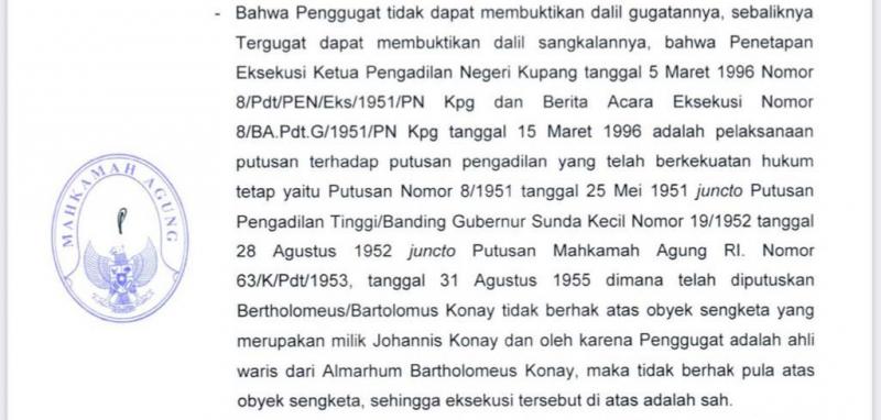 Mahkamah Agung Republik Indonesia kembali menolak permohonan Peninjauan Kembali (PK) Piet Konay (palsu) dalam perkara perebutan warisan Keluarga Konay. PK ini merupakan upaya hukum terakhir yang dilakukan setiap warga negara dalam mencari keadilan.