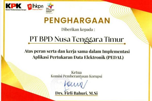 Akui Peran Bank NTT Terapkan Aplikasi PEDAL, KPK Berikan Penghargaan