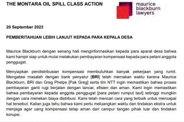 Inilah  surat dari Kantor Pengacara Maurice Blackburn di Sydney-Australia kepada para kepala desa di Kabupaten Kupang dan Kabupaten Rote Ndao tertanggal 20 September 2023 yang diperoleh media ini, Kamis (21/9/2023).