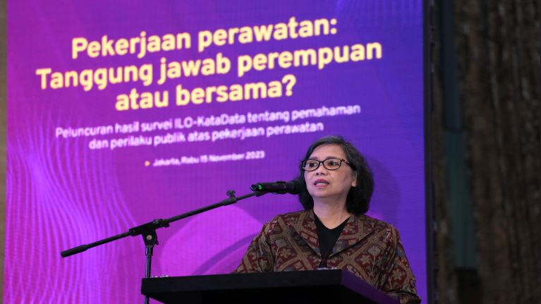 Organisasi Perburuhan Internasional (ILO) meluncurkan temuan-temuan utama dari survei persepsi pekerja mengenai pekerjaan perawatan pada Rabu, (15/11/2023) di Hotel Kempinski Indonesia, Jakarta.