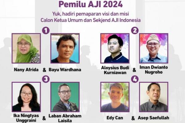 Panitia Pemilihan Umum Aliansi Jurnalis Independen (Pemilu AJI) resmi menetapkan empat pasangan calon Ketua Umum (Ketum) dan Sekretaris Jenderal (Sekjen) AJI Indonesia periode 2024-2027 pada Sabtu 20 April 2024. Empat pasangan ini bersaing dalam pemilihan Ketum dan Sekjen AJI Indonesia sebagai bagian dari Kongres XII AJI yang akan berlangsung di Palembang, Sumatra Selatan, 3-5 Mei 2024.