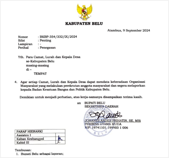 Viral, Surat Edaran Kop Bupati Diteken Sekda Belu Soal Organisasi Tani Merdeka 