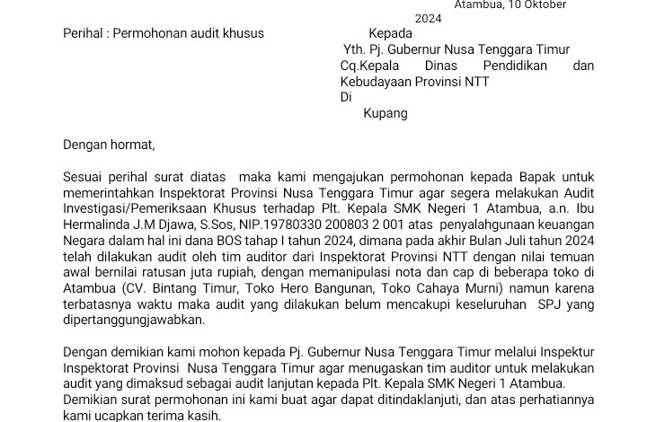 Dugaan Kasus Dana Bos, Forum Guru Peduli SMKN 1 Atambua Surati Penjabat Gubernur NTT 