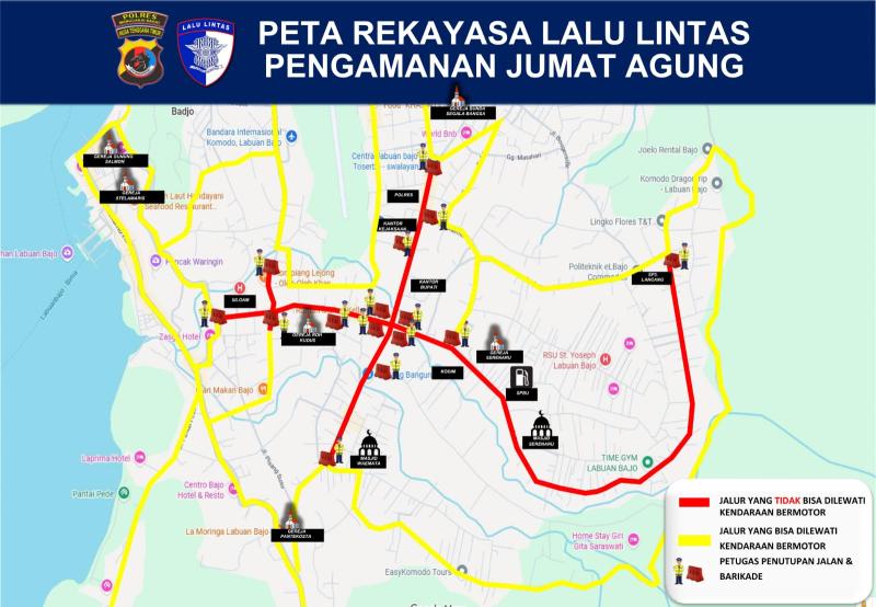 Peta rekayasa lalu lintas dan jalur alternatif di Labuan Bajo menjelang prosesi Jalan Salib, Jumat (3/4/2026). (Dok. Humas Polres Manggarai Barat) 