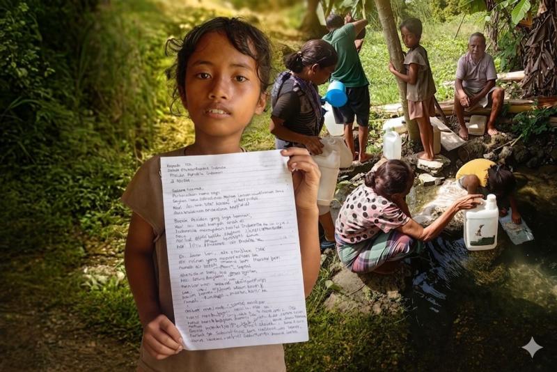 Mariani Cesilia Ane, siswi kelas 4 SD di NTT, menunjukkan surat terbukanya untuk Presiden Prabowo di tengah perjuangan warga mendapatkan air bersih. 