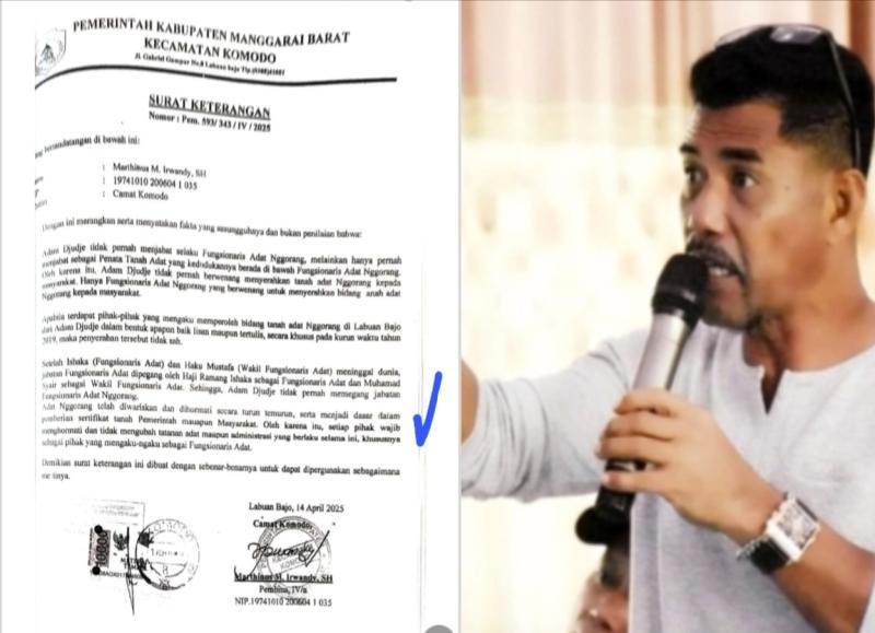 Surion Florianus Adu Soroti Surat Keterangan Camat Komodo Nomor Pem.593/343/IV/2025. 
